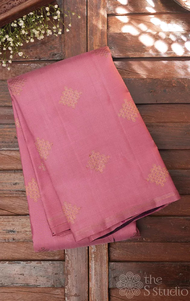 Onion pink borderless kanjivaram silk saree with kolam buttas