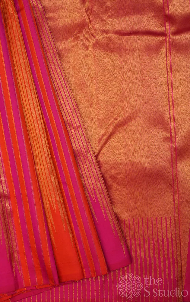 Rani pink and orange kanchi silk saree with thazampoo reku design