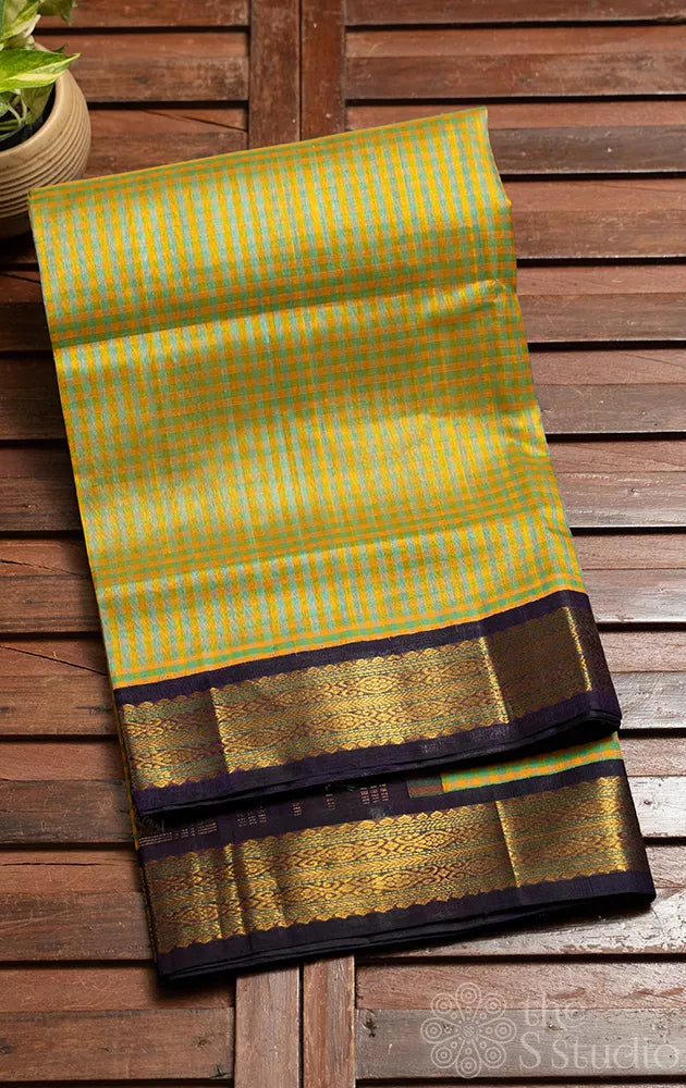 Multicolour checked silk cotton saree with violet border