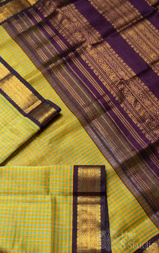 Multicolour checked silk cotton saree with violet border