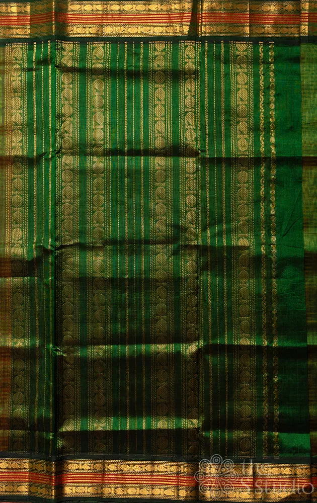 Orange and yellow checked silk cotton saree with korvai border