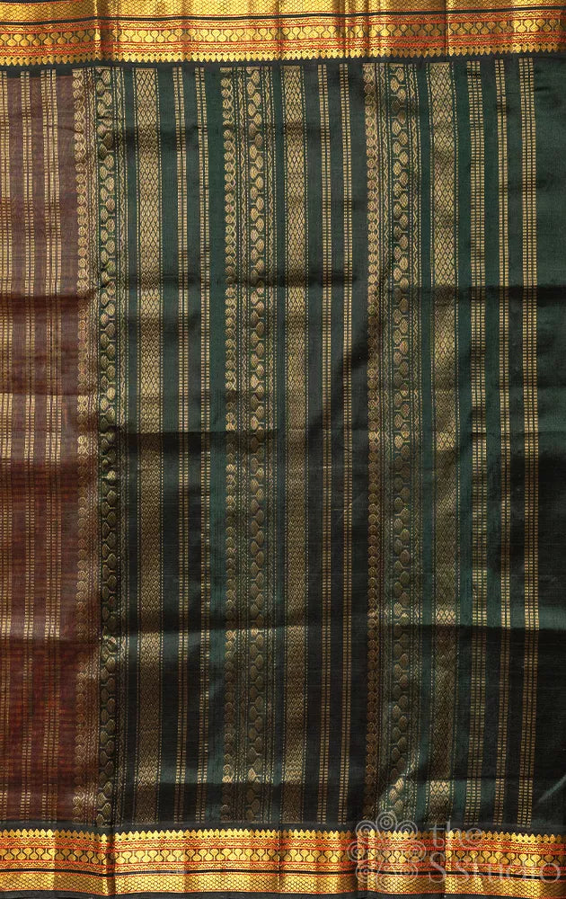 Rani pink and yellow checked silk cotton saree with green border
