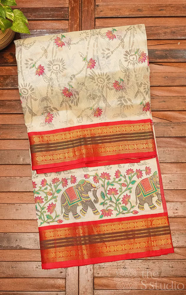 Off white floral silk cotton saree with red korvai border