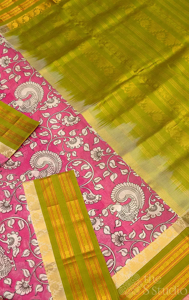 Pink printed silk cotton saree with green korvai border