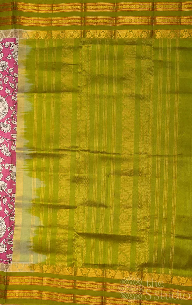 Pink printed silk cotton saree with green korvai border