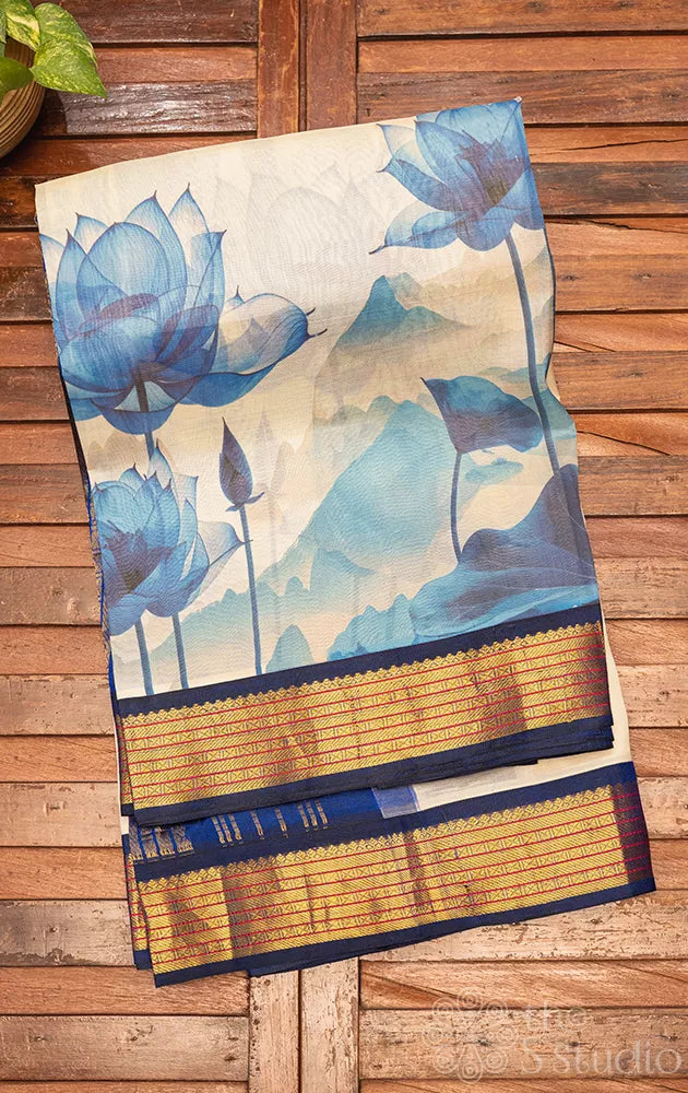 White lotus digital printed silk cotton saree with korvai blue zari border