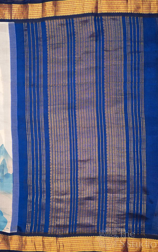 White lotus digital printed silk cotton saree with korvai blue zari border