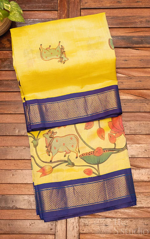 Yellow silk cotton saree with pichwai digital prints