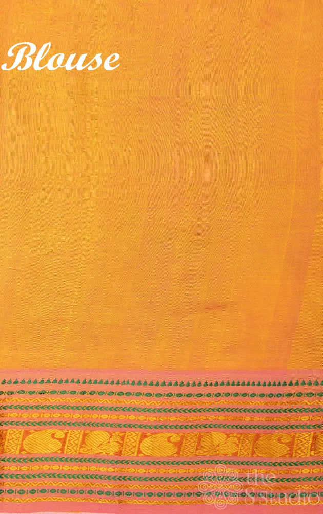 Light peach floral printed silk cotton saree with pink korvai border
