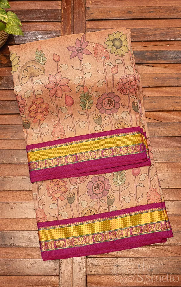 Light brown vairaoosi silk cotton saree with digital prints