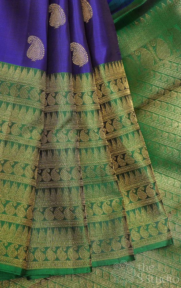 MS blue kanchipuram silk saree with green long border