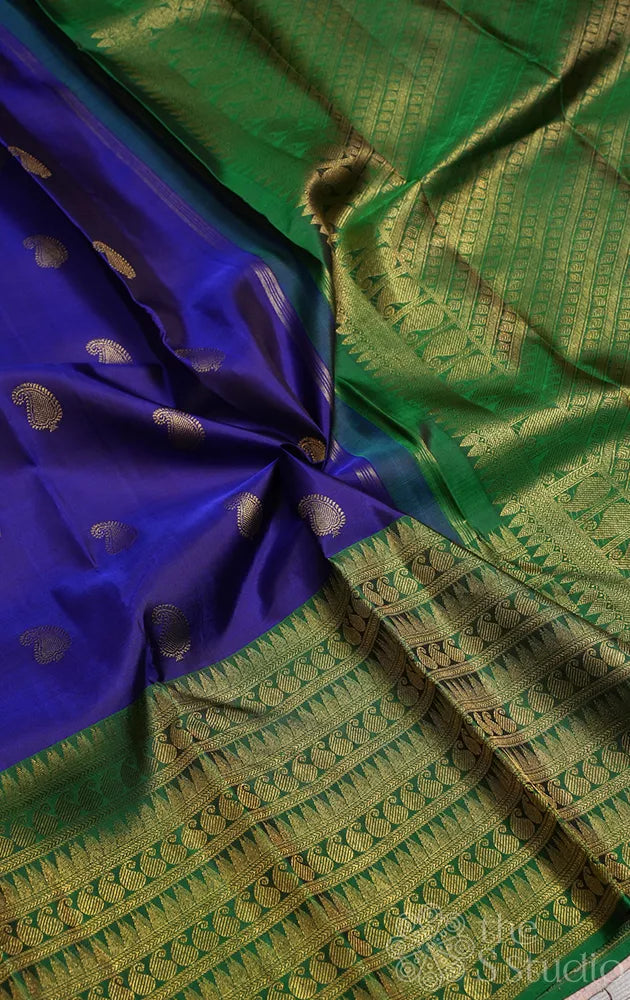 MS blue kanchipuram silk saree with green long border