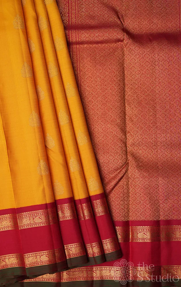 Mustard kanchi pattu saree with korvai maroon border