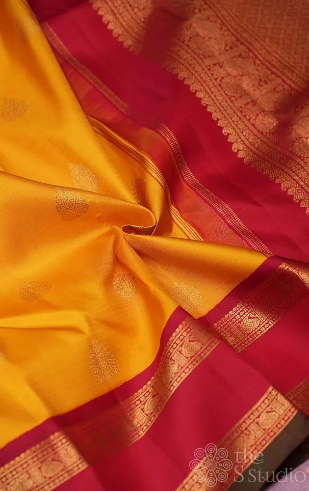 Mustard kanchi pattu saree with korvai maroon border