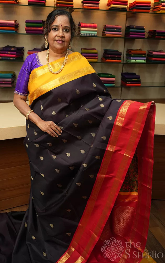Coffee brown kanchipuram silk saree with maroon rettaipet border
