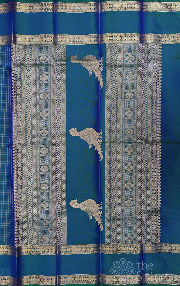 Peacock blue zari checked kanchi pattu saree with rettaipet zari border