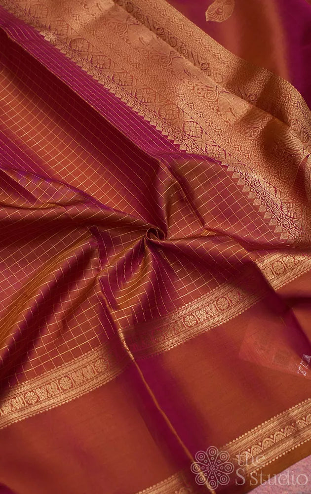 Peachish mustard kanjivaram silk saree with zari checks and rettaipet border