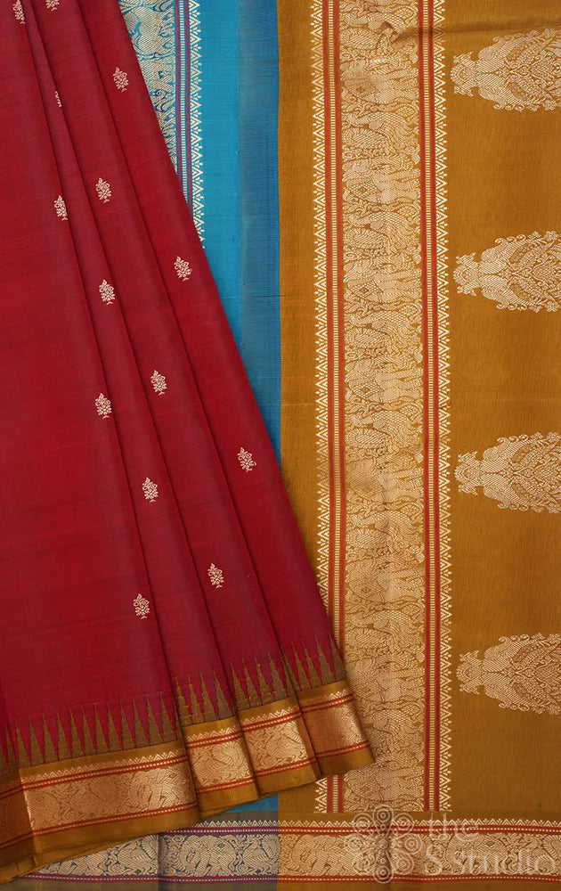 Maroon threadwork kanchi silk saree with small border and double pallu