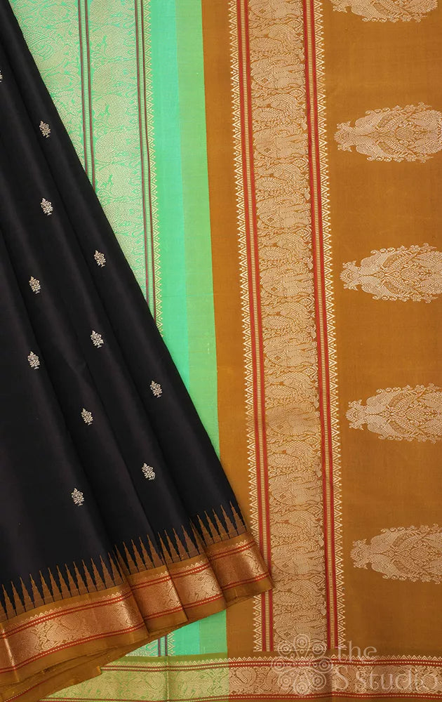 Dark brown threadwork kanchi silk saree with small border and double pallu