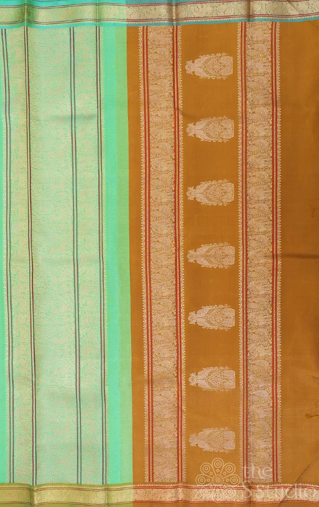 Dark brown threadwork kanchi silk saree with small border and double pallu