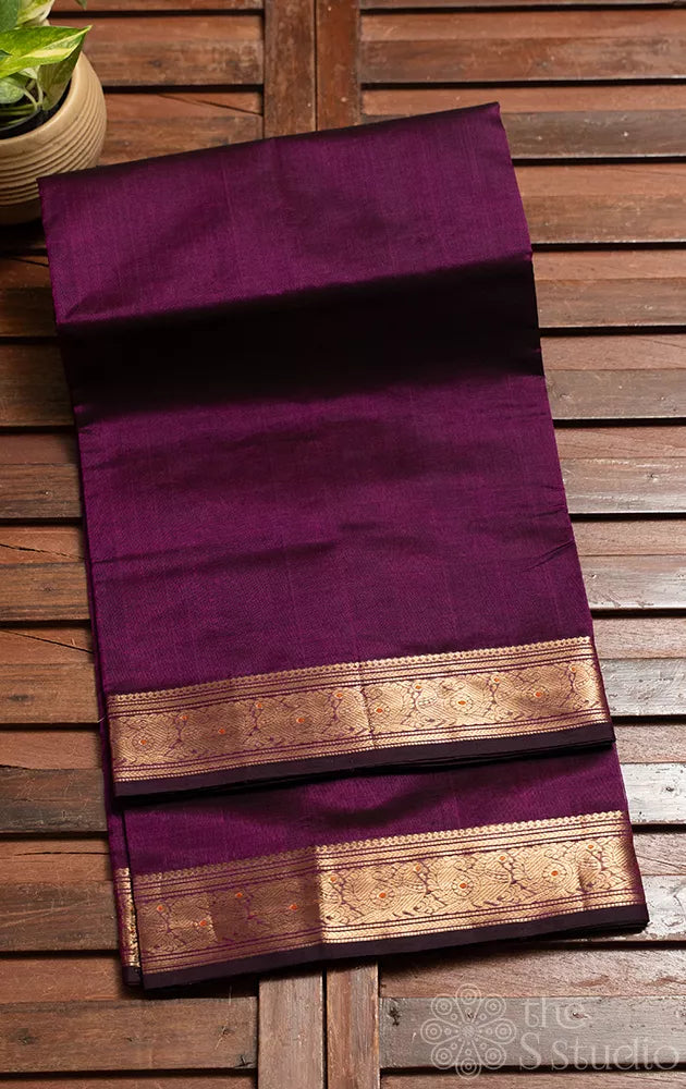 Purple silk cotton saree with small zari border