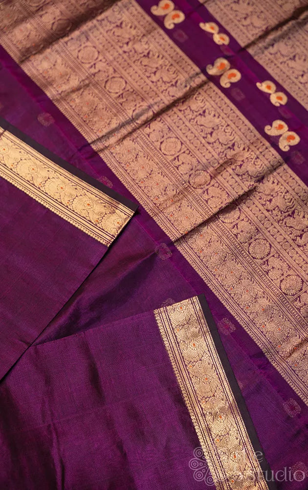 Purple silk cotton saree with small zari border
