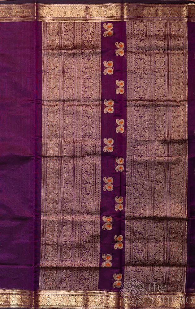 Purple silk cotton saree with small zari border