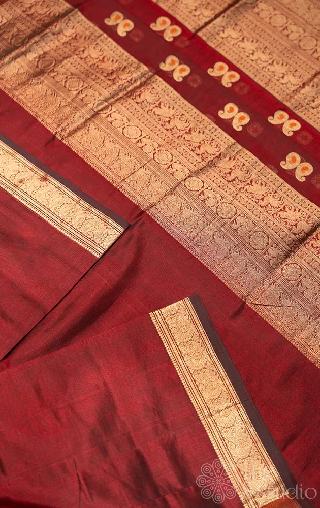 Maroon silk cotton saree with zari rich pallu