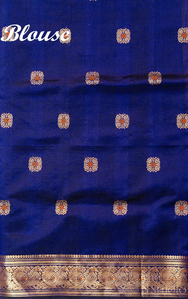 Navy blue silk cotton saree with small zari border