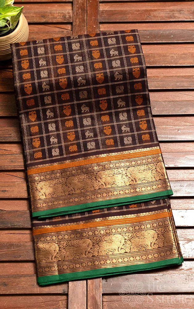 Dark brown aayiram butta checked silk cotton saree