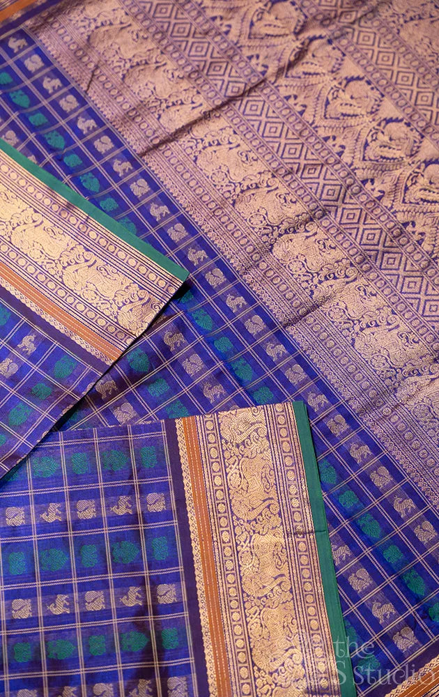 Royal blue aayiram butta silk cotton saree with zari border