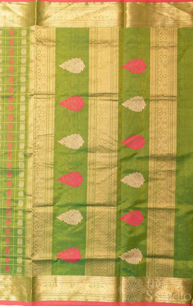 Light green aayiram butta silk cotton sareee with pink selvedge