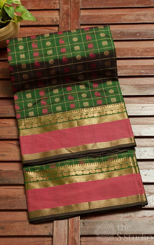 Dark green  aayiram butta silk cotton saree with rettaipet border
