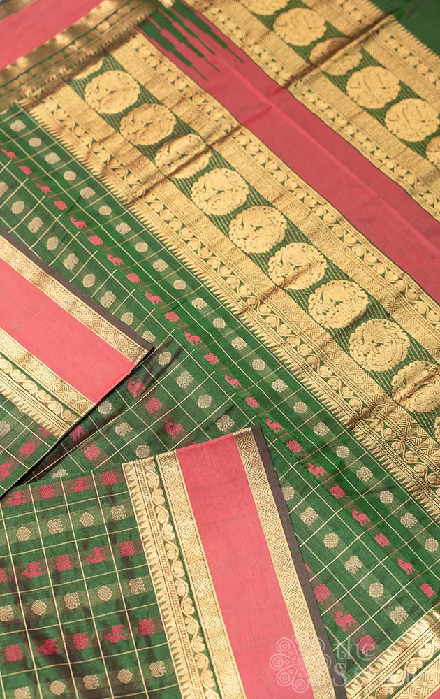 Dark green  aayiram butta silk cotton saree with rettaipet border