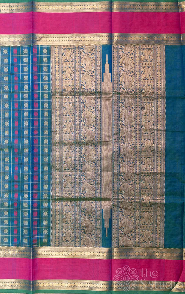 Peacock blue checked aayiram butta silk cotton saree with rettaipet border
