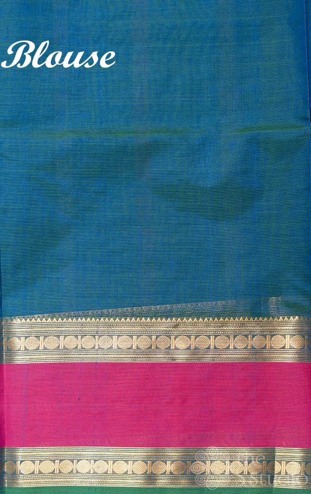 Peacock blue checked aayiram butta silk cotton saree with rettaipet border