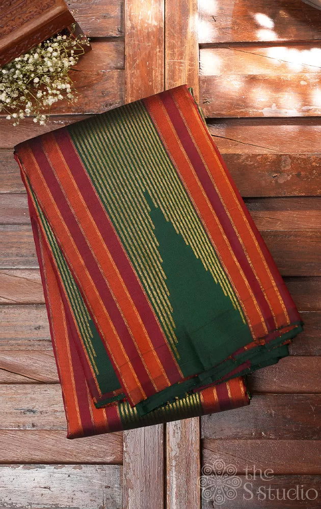 Green 8 kol woven kanjeevaram silk saree with rust panel design