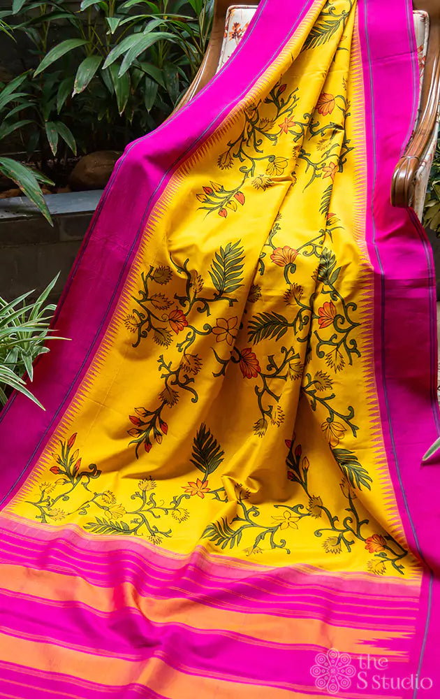Yellow and rani pink border kanchi silk saree with hand painted kalamkari