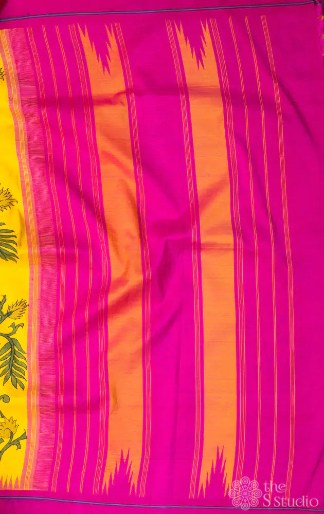 Yellow and rani pink border kanchi silk saree with hand painted kalamkari