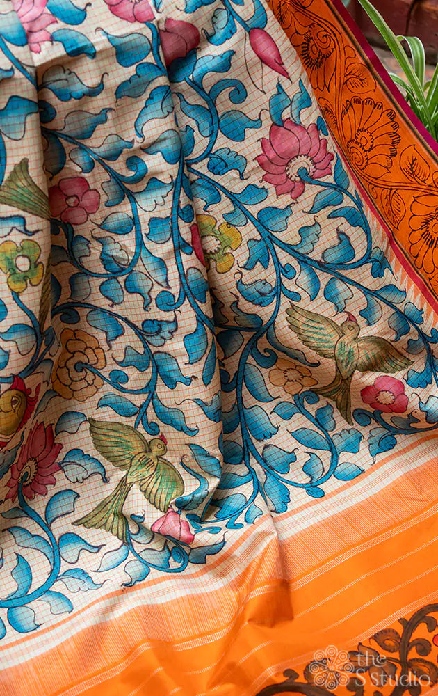 Off white with blue hand painted kanchi kalamkari saree with orange border