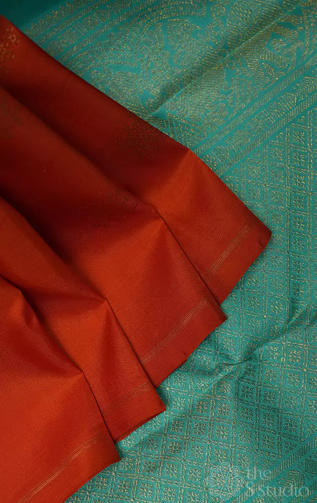 Orange kolam butta kanchipuram silk saree