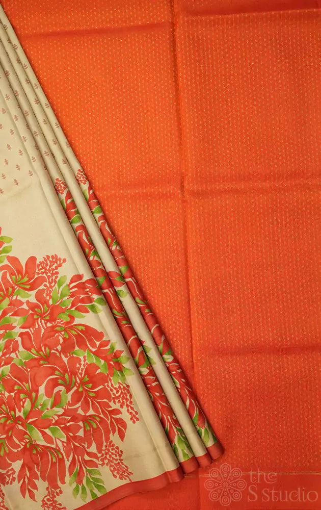 Off white with orange printed kanjivaram saree