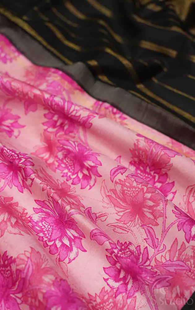 Light pink kanchi silk saree with floral prints and black pallu
