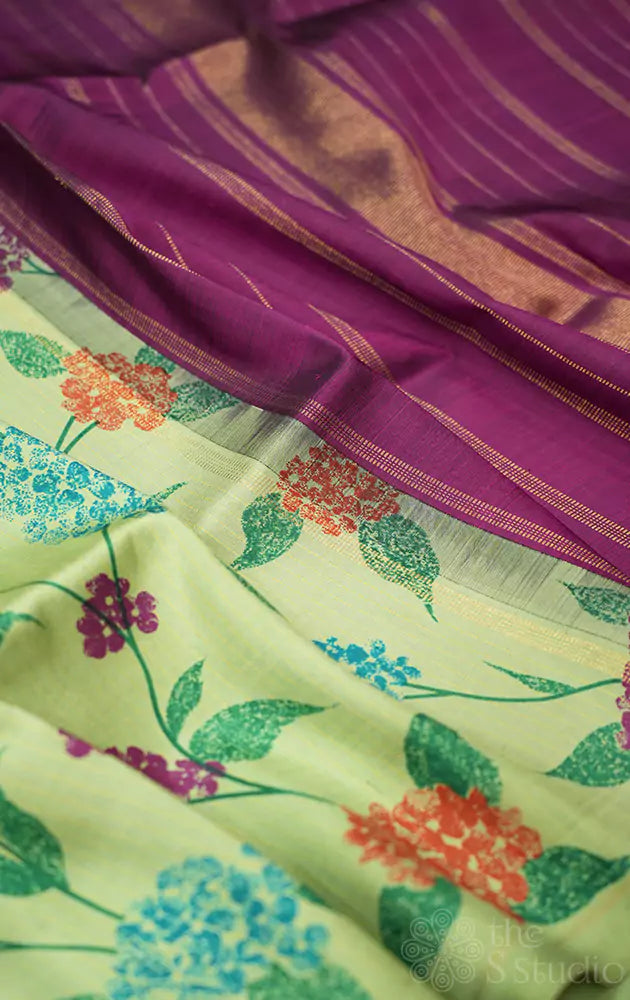 Elachi green kanchipuram silk saree with floral prints