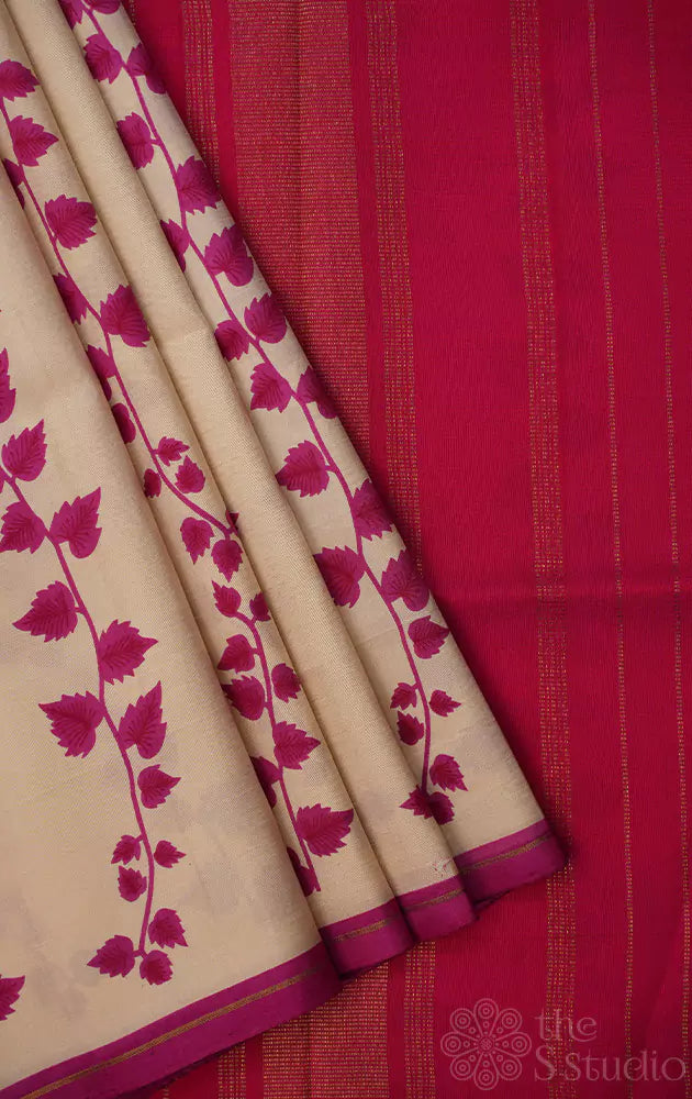 Off white with rose printed kanchipuram silk saree