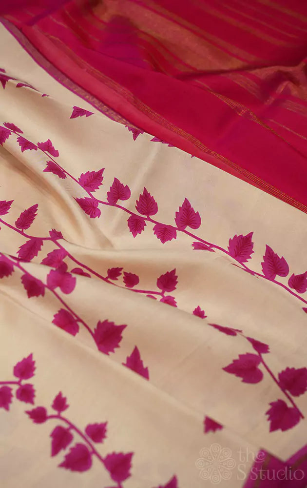 Off white with rose printed kanchipuram silk saree