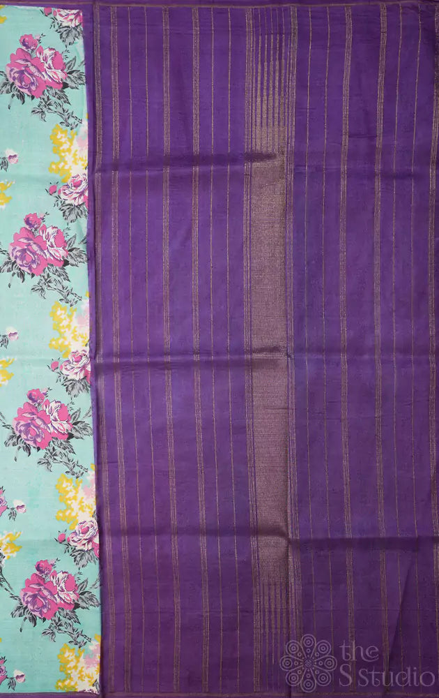 Aqua blue kanchi silk saree with purple pallu and all over prints