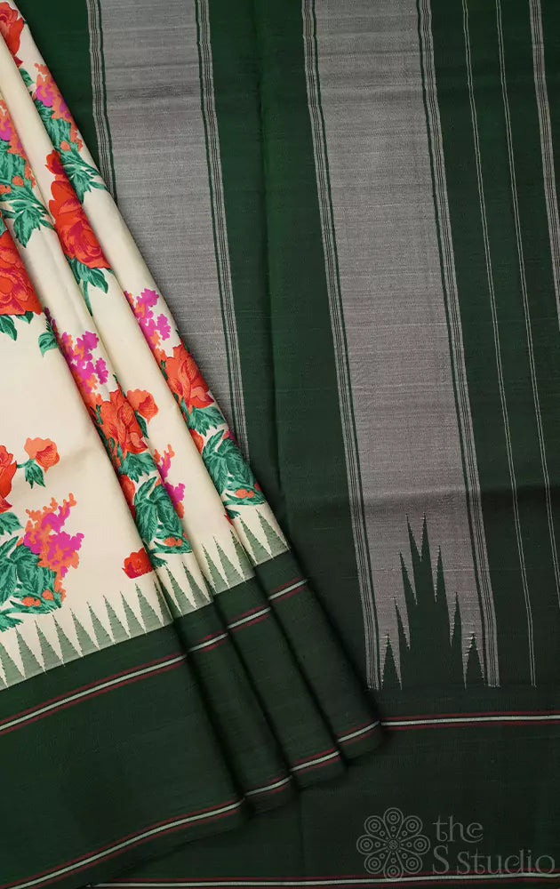 Off white with green korvai border printed kanchi silk saree