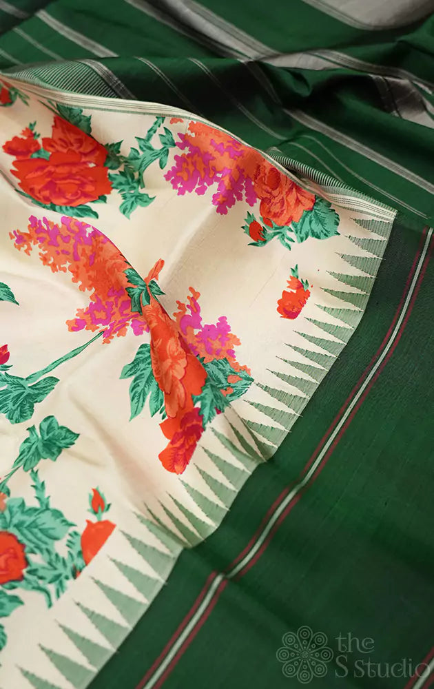 Off white with green korvai border printed kanchi silk saree