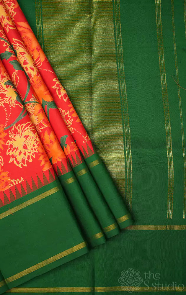 Red printed kanchi silk saree with korvai green border